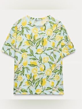 Zara Cotton Tee lemon print NWOT